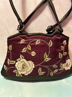 Embroidered Floral Satin Hand Bag in Burgundy
